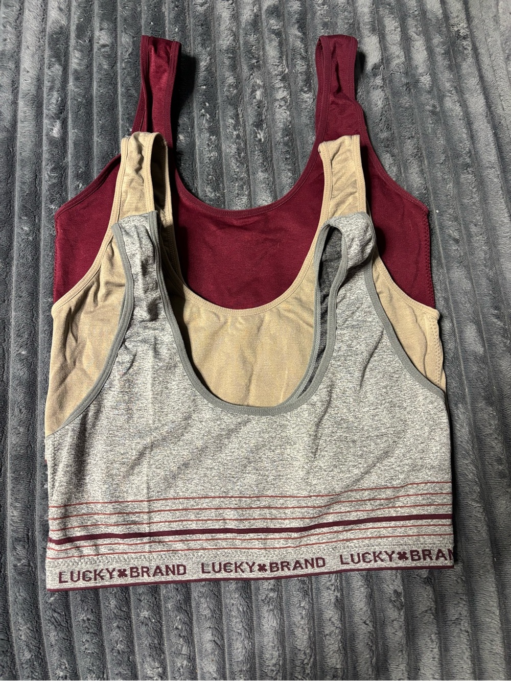 Lucky Brand Three-Pack Scoop Bralettes in Burgundy, Beige & Heather Gray